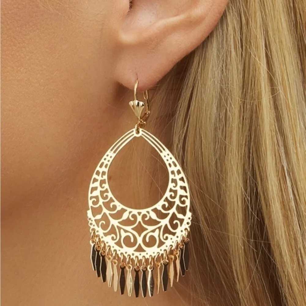 Gold 18k Gold Plated Filigree Cut Out Drop Earrings